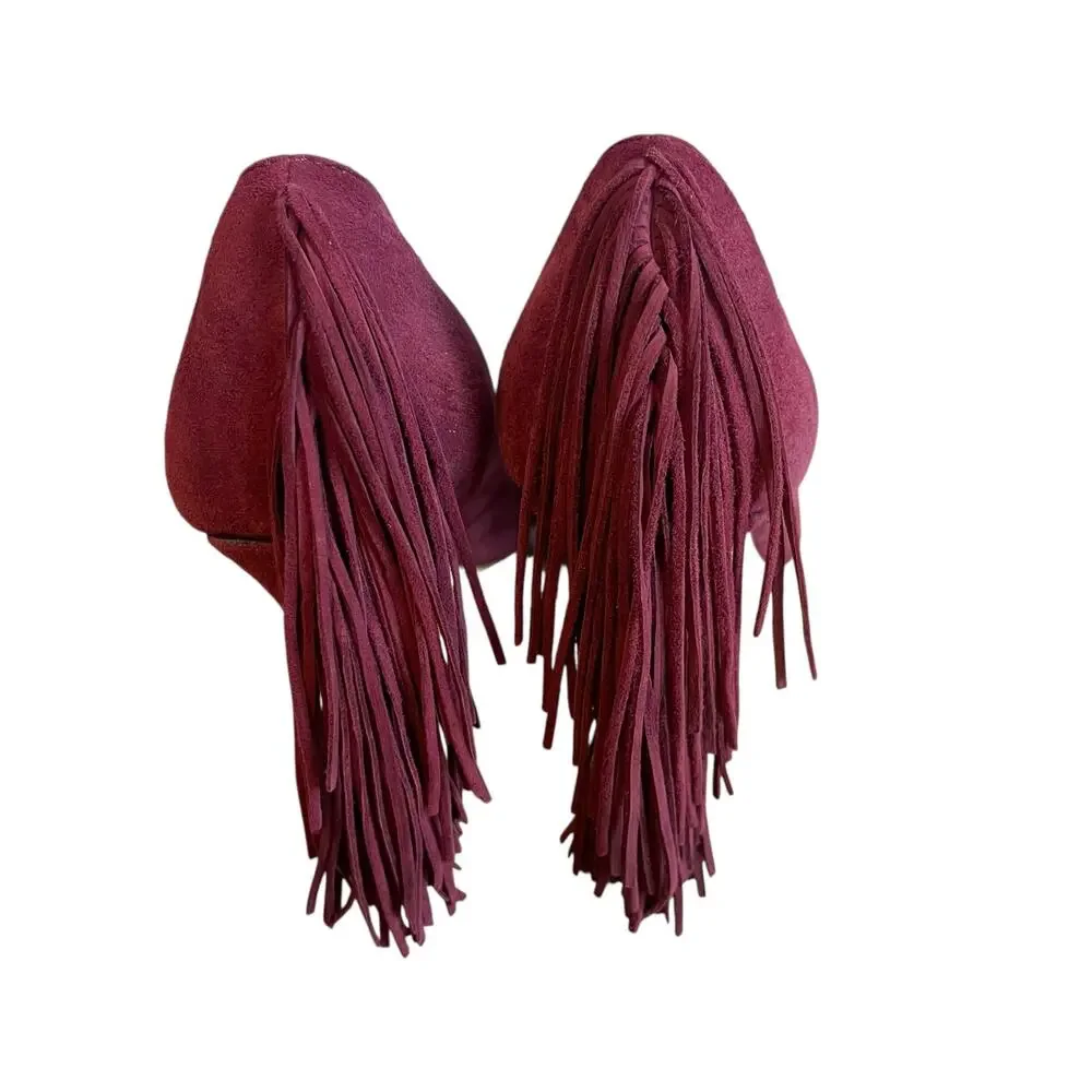 Loeffler Randall Pari Suede Leather Fringed Maroon Wine Pumps Shoes Women's 7B - Picture 4 of 9